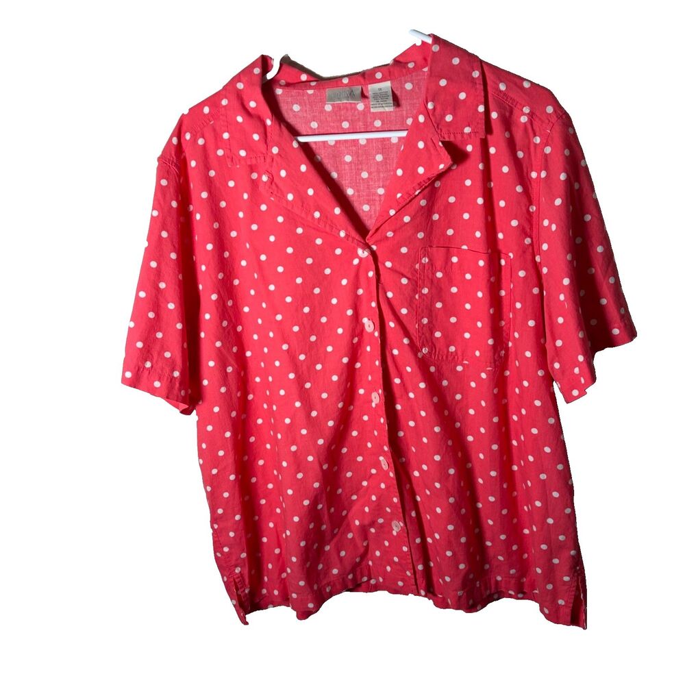Erika Blouse Women's 1X Pink Polka Dot Button Up Short Sleeve Collared Top